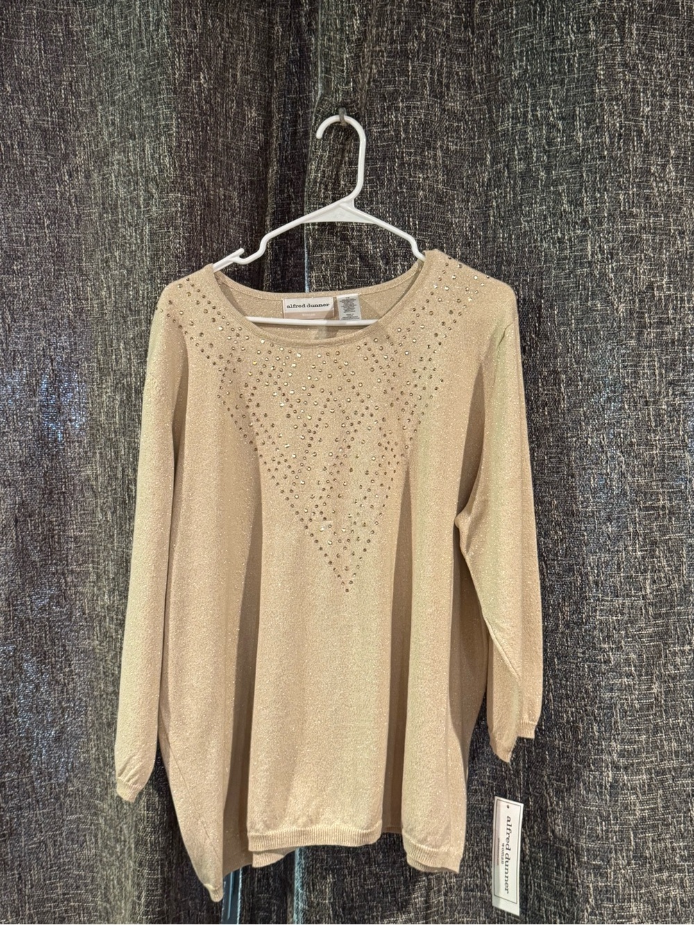 Alfred Dunner Beige Metallic Long-Sleeve Top with Studded Front